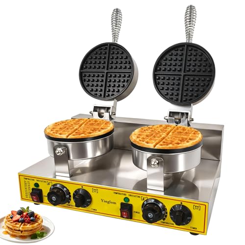 Yinglom Commercial Double Waffle Maker, 2400W Non-Stick Stainless Steel Dual-Head Belgian Waffle Iron with 122-572℉ Temp Control & Timer, for Restaurants, Bakeries, Snack Bars and Family