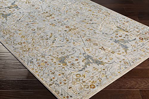 Image of Hauteloom Kunzite Living Room, Bedroom Area Rug - Floral Medallion Border Distressed Leaf - Traditional Oushak Oriental Turkish Transitional - Denim, Light Gray, Cream, Gray, Beige - 6'7 inch x 9'6 inch