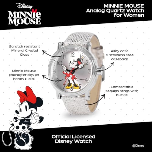 Disney Minnie Mouse Watch for Women - Silver Glitz Leather Strap, White Dial, Silver Case Elegant Minnie Mouse Watch for Women Fans by Disney - Image 2