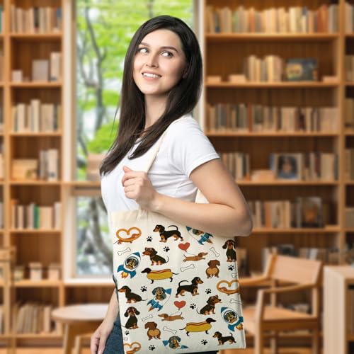 Yoljun Tote Bag, Canvas Handtasche mit Dackel Motiv 40×35 cm, Jutebeutel Alternative, Stilvolle Tote Bag Damen groß mit Henkel, Büchertasche Dackel Geschenke für Frauen Einkaufen Uni Alltag