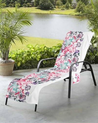Beach Pool Patio Lounge Chaise Chair Cover Towel with Pockets,Red Black Flower Absorbent & Quick Dry Microfiber Towel Cover Bag Summer Travel Accessories Teal Floral Painted Simple White