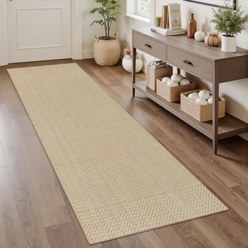 Rugalia Washable Woven Runner Rug 2x6, Khaki Cotton Rug Runners for Hallway Non-Slip Long Kitchen Mat, Modern Neutral Indoor Throw Runner Carpet for Entryway Porch Patio Laundry Bedroom