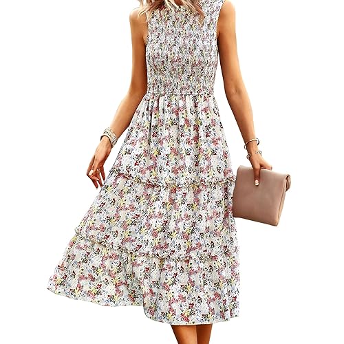 Image of YNIQUE Women's Dress 2023 Summer Casual Boho Dress Floral Print Ruffle Sleeveless High Waist Midi Beach Dresses