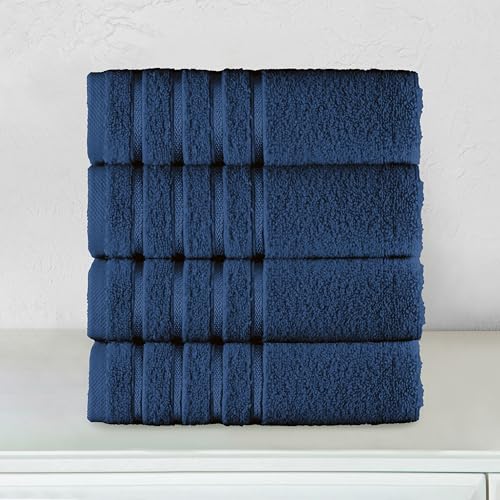 Image of Elegant Comfort 100% Turkish Cotton 4 Lines Viscose Stripe Luxury 4 Pack Hand Towel Set - Ultra Absorbent and Soft 16 x 28 Inch Premium Hotel Spa Quality Towels for Everyday Bath Use, Navy Blue