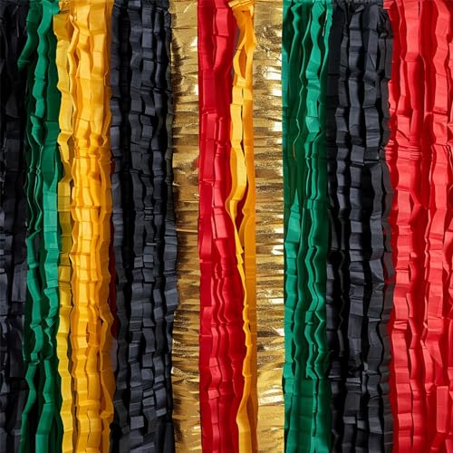 Image of PartyWoo Crepe Paper Streamers 6 Rolls 492ft, Pack of Metallic Gold Black Green Red Yellow Crepe Paper Streamers, Crepe Paper for Black History Month Party Decorations (1.8 in x 82 Ft /Roll)