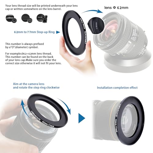 62mm lnes to 77mm Camera Lens Adapter,Camera Step-Up Ring Filter,Change The Filter or Lens Size from 62mm to 77mm.Compatible All 77mm Thread Filter Accessory+Lens Cleaning Cloth - Image 4