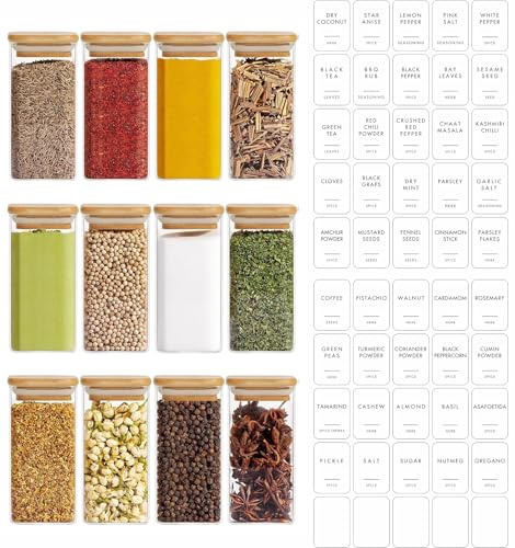 Image of VILON 330ML 12oz 12-Piece Glass Spice Jars Set with Bamboo Lids & White Vinyl printed Labels - Square Spice Jars for Kitchen Storage and Organization