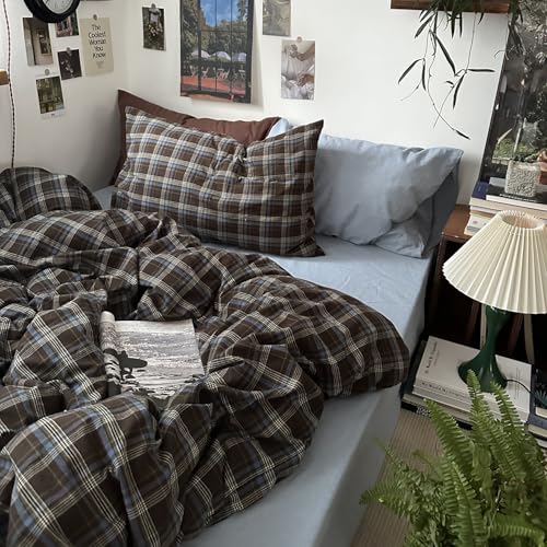 Image of mixinni Vintage Brown & Blue Buffalo Plaid Duvet Cover Set Twin XL Size - 3 Piece Washed Cotton Bedding Set with Grid Pattern, Soft & Breathable Duvet Cover with Pillowcases for Boys, Men& Women