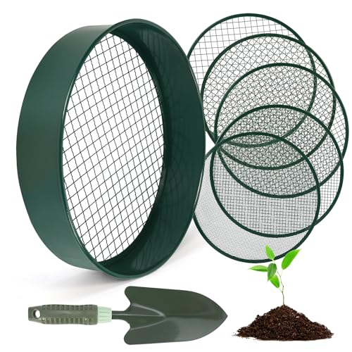 Zoelele Bodensieb für die Gartenarbeit, 12-Zoll-Edelstahl-Bodensieb mit 5 austauschbaren Feinsieben, Handschuhen und Schaufel, Sieb für Sandfelsen Schmutzkompost, 3mm, 5mm, 8mm, 10mm, 12mm (Grün)
