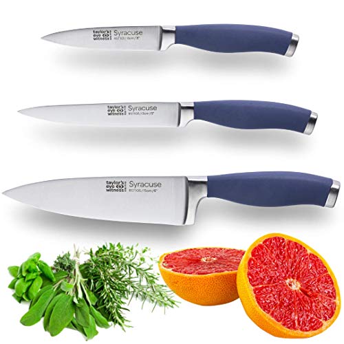 Taylors Eye Witness Syracuse Kitchen Knife 3pce Set - Paring 9cm/3.5”, Chefs 15cm/6” & Cooks All Purpose 13cm/5” Cutting Edge. Ultra Fine, Razor Sharp Blade. Soft Textured Grip Denim Blue Handle.