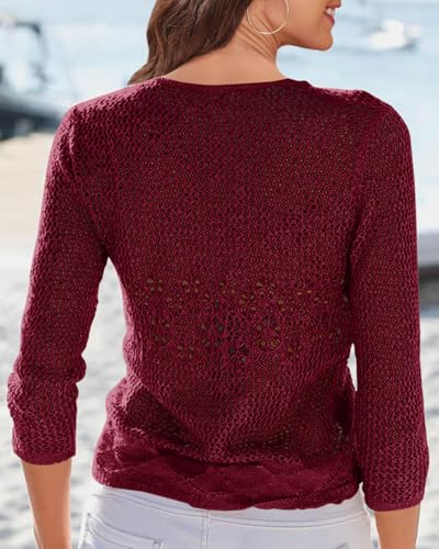 Image of Nulibenna Womens Sheer Shrug Sweaters 3 /4 Sleeve Open Front Tie Cardigan Bolero Jacket Lightweight Crochet Knit Cover Up Tops