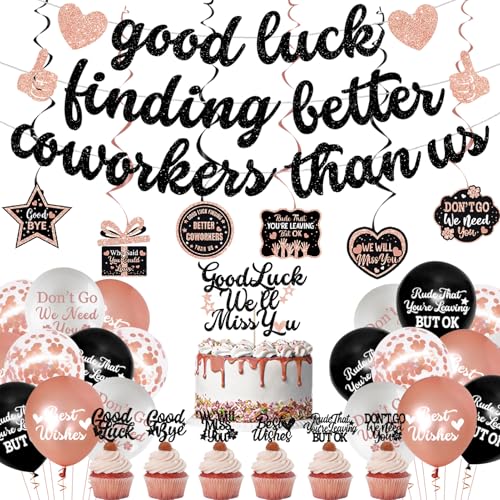 Roetyce Coworker Farewell Decorations Rose Gold Good Luck Finding Better Coworkers Than Us Banner Cake Toppers Balloons Hanging Swirls Pink Going Away/Goodbye/Leaving Party Supplies for Job Change