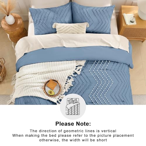 Image of Andency Greyish Blue Comforter Set Full Size, Boho Soft Warm Tufted Bedding Comforter Sets for Full Size Bed, 3 Pieces Aesthetic Chevron Farmhouse Cute Bohemian Textured Bed Set