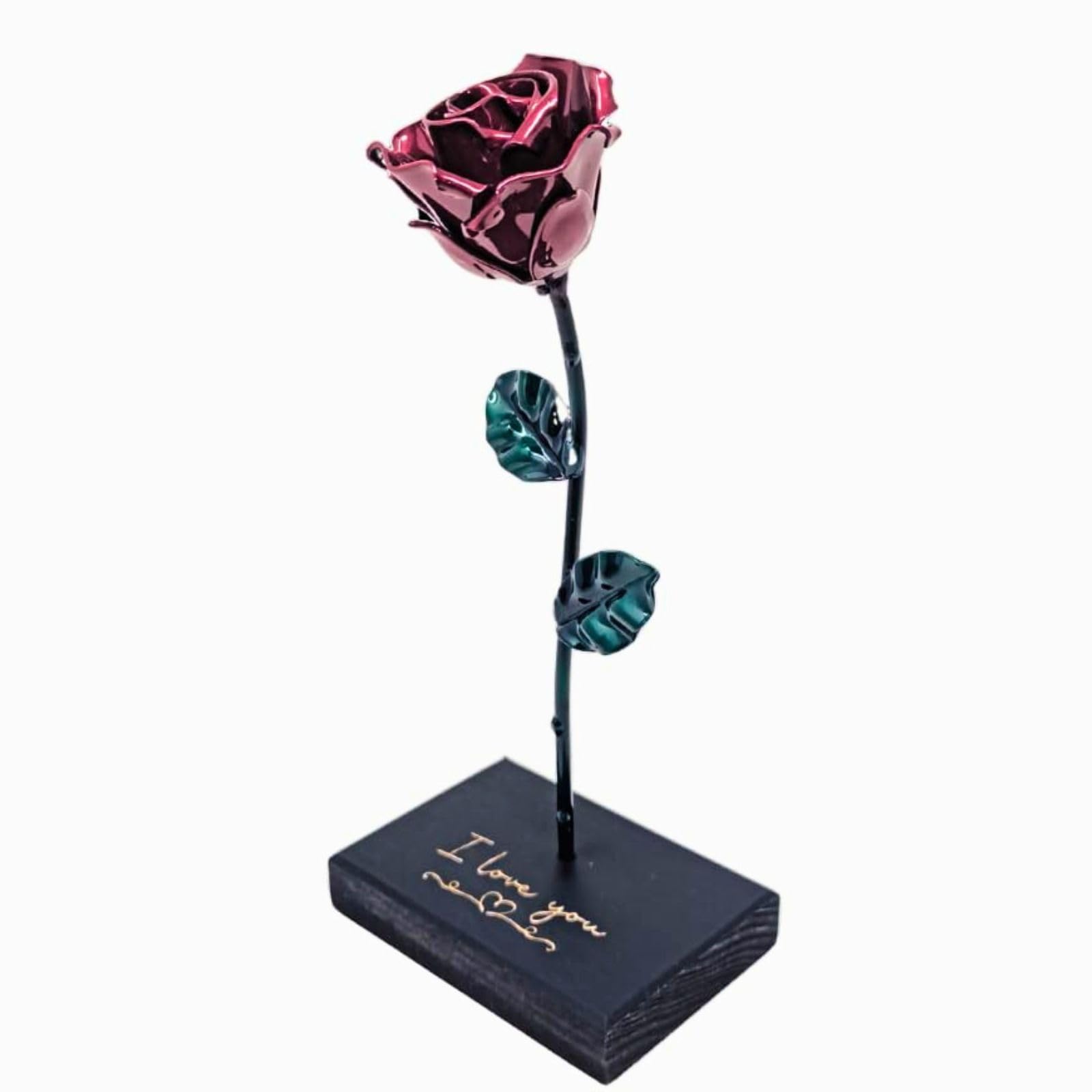 Forging Art Bcn® Rosa Eterna in Ferro Forgiato a Mano con Piedistallo - Edizione I Love You- Regalo Festa della mamma, San Valentino, 6° anniversario di matrimonio, Nozze di Ferro (LOVE con Base)
