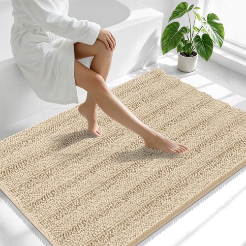Image of Smiry Thick Chenille Large Bathroom Rugs 44x32, Extra Soft Absorbent Striped Bath Mat, Machine Washable, Rubber Backing, Bath Rugs for Bathroom, Tub & Shower, Home Decor Accessories, Beige