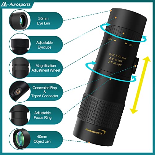 Aurosports 10-30x40 Zoom Monocular for Adults Monocular Telescope High Power with Bak4 Prism - Image 2