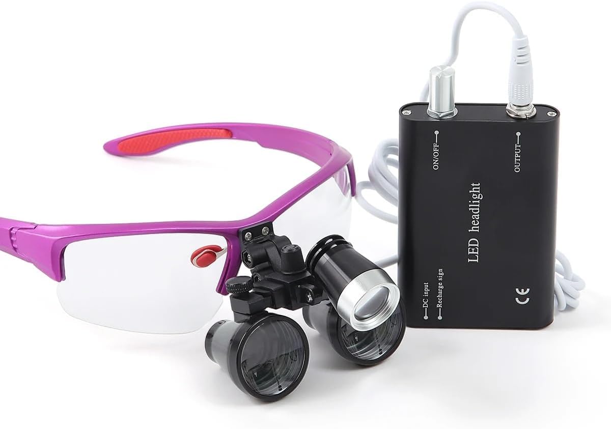 2.5X 3.5X Magnification Binocular Loupe Dental Loupes Surgical Magnifier with Light Medical Operation Magnifying Glasses Portable Headlight Headlamp (3.5X-R), Purple