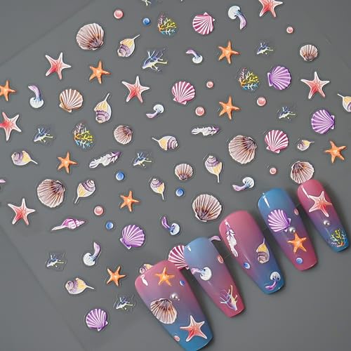 Iddfeve XRMJT_Z24_5D_HYBK5Z 5 Sheets 5D Embossed Seashell Starfish Nail Art Stickers, Self-Adhesive Marine Life Nail Decals, Summer Ocean Design Diy Decorations thumb #3