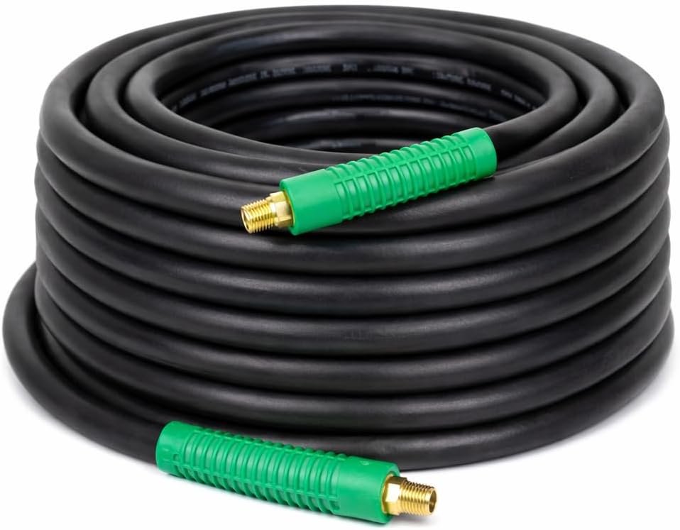 DYNAMIC POWER Premium Black Rubber Air Hose 3/8" x 50 ft 300 PSI Assembly with 1/4" Male Pipe Thread Fittings & Bend Restictors.