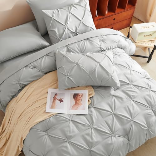 CozyLux Twin XL Comforter Set Light Grey, 5 Pieces Twin Extra Long Pintuck Bed in A Bag for College Dorm, Pinch Pleat Bedding Set with Comforter, Sheets, Pillowcase & Sham