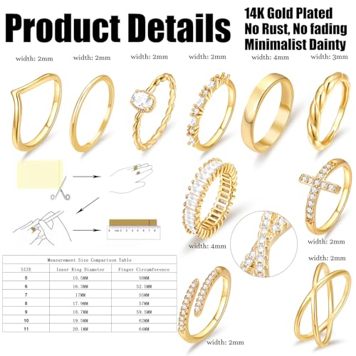 10 PCS 14K Gold Plated Rings Set for Women, Dainty Gold Knuckle Ring Non Tarnish, Simple Thumb Stacking Rings Pack Size 6/7/8/9/102