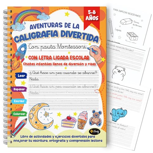 Finoly Cuaderno Caligrafía Divertida con Pauta Montessori | Niños 5 a 8 años Cuaderno Caligrafía Infantil | Libro Caligrafía Letra Ligada Escolar para Mejorar Escritura Compresión Lectora y Ortografía