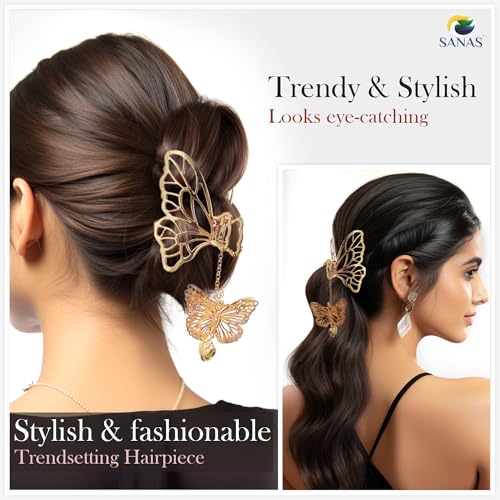 Image of Sanas Hair Clips For Woman (2Pc) Butterfly Clutchers For Hair Accessories For Women Wedding Claw Clips For Women Aesthetic Korean Gifts For Girls Hair Claw Clips For Woman Stylish (2Pc) (Golden Tone)