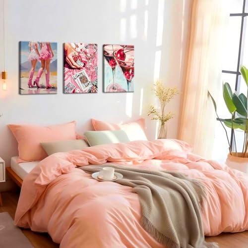 Image of Framed Pink Preppy Wall Art Set of 3, Cowgirl Boots Cherry Cocktail Pictures Wall Decor, Trendy Poker Paintings Canvas Prints Girly Aesthetic Home Decor for Living Room Bedroom Dorm Bar 12x16 inch