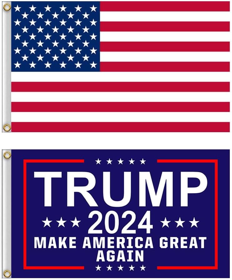 American USA Polyester Flag and Trump 2024 Make America Great Again Bule Flag with Brass Grommets, Double Stitched Vivid Color Anti Fading, Outdoor Yard Flag Kit 3x5 Ft, 2 Pack