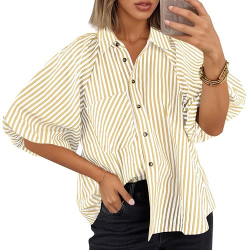 Image of Tankaneo Womens Short Puff Sleeve Button Down Shirts Striped Trendy Casual Loose Fit Blouse V Neck Collared Tops