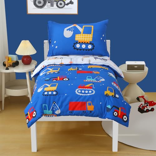 JQWUPUP Blue Car Truck Cot Bed Duvet Cover Set 120 x 150cm for Boys Reversible Excavator Microfibre Toddler Bedding Set with Zipper