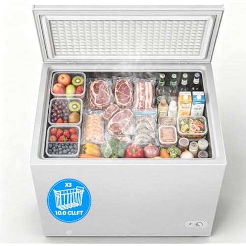 COWSAR Chest Freezer 10.0 Cubic Feet Freezer with 3 Removable Baskets, Free Standing Top Open Door Deep Freezer, 7-Level Adjustable Temperature, Compact, Front Drain for Home Dorm, White