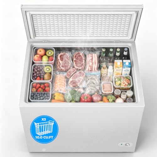 Image of COWSAR Chest Freezer 10.0 Cubic Feet Freezer with 3 Removable Baskets, Free Standing Top Open Door Deep Freezer, 7-Level Adjustable Temperature, Compact, Front Drain for Home Dorm, White