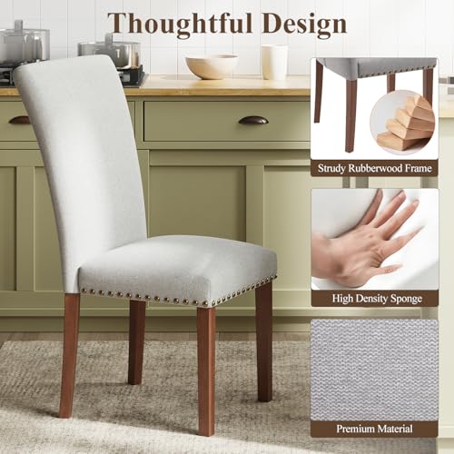 Image of Farmhouse Dining Chairs Set of 2, High Back with Wooden Legs and Nailhead Trim, Modern Fabric Dining Room Chair for Kitchen /Restaurant