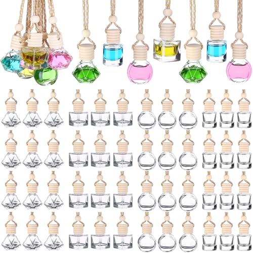 60 Pcs Hanging Car Air Freshener Car Diffuser Bottle Empty Glass Perfume Bottles Air Freshener Diffuser Bottle Pendant for Essential Oils Fragrance Aromatherapy Ornament Decor (Various Style)