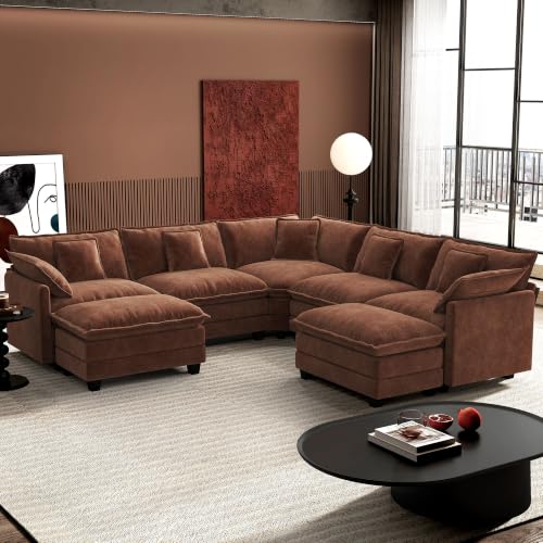 Image of Ihanherry 114 inch V-Shaped Modern Sofa Modular Sectional Luxurious and Comfortable with 2 Ottoman, 7-Seat Chenille Deep Seat Sofa with Corner Section for Living Room, Bedroom and Apartment, Brick Red