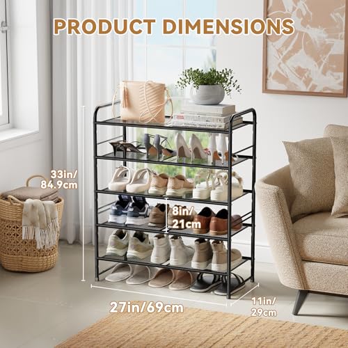 Image of MWQShoe Rack, 5 Tier 27 inch Wide Metal Mesh Shoe Organizer for Closet Holds up to 15-18 Pairs, Stackable, Black