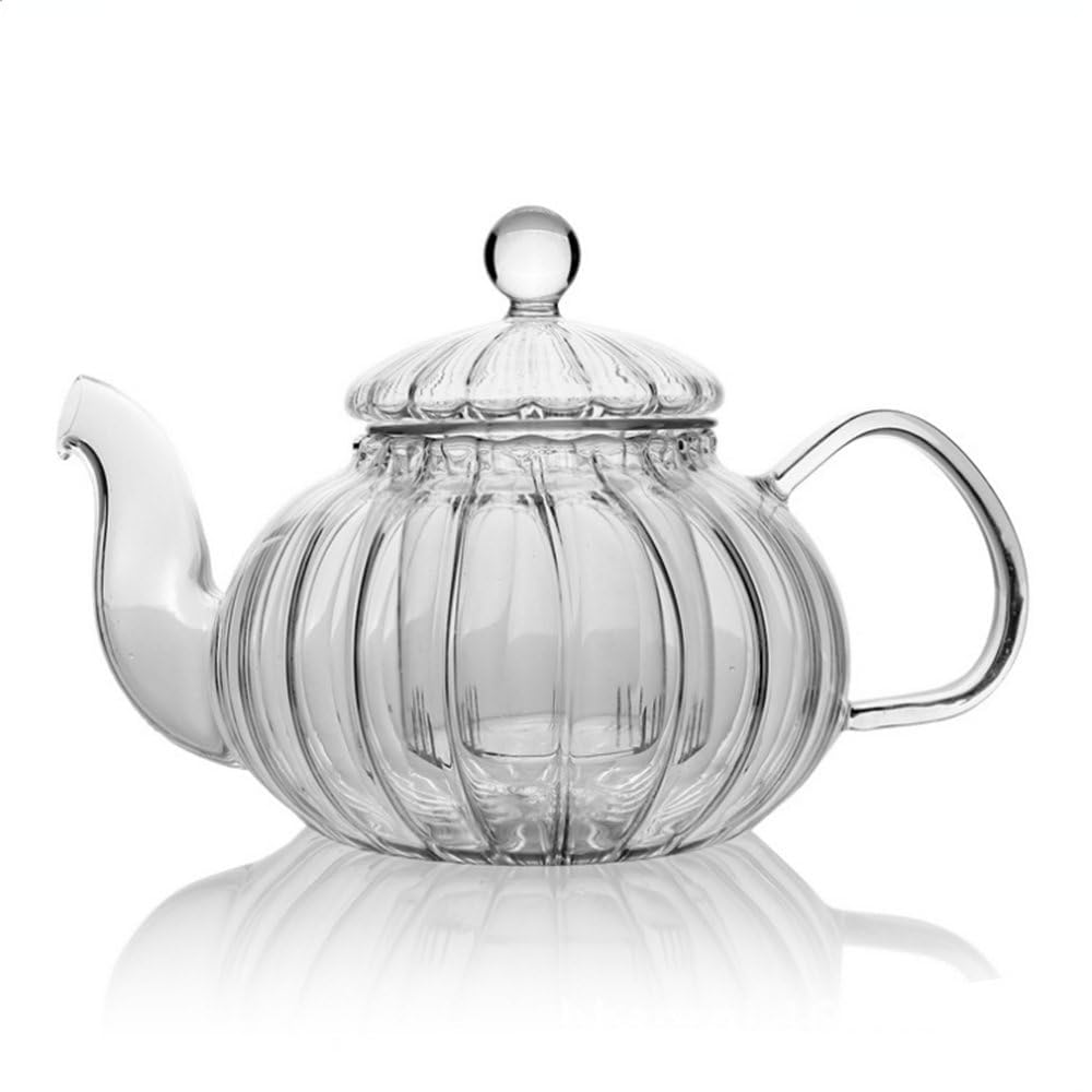 【DULU】耐熱ガラス ティーポット 茶こし付き 急須 直火可 600ml ガラス製ポット 南瓜デザイン ストライプ 工芸茶 花茶 紅茶 日本茶 ハーブティー用