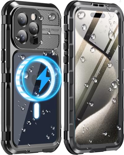 WIFORT Funda para iPhone 15 Pro Impermeable Compatible con MagSafe - 360° Antigolpes Metal Militar Completa Protector Carcasa Estanca Antipolvos Acuatica con Pantalla/Camara Protección,Negro