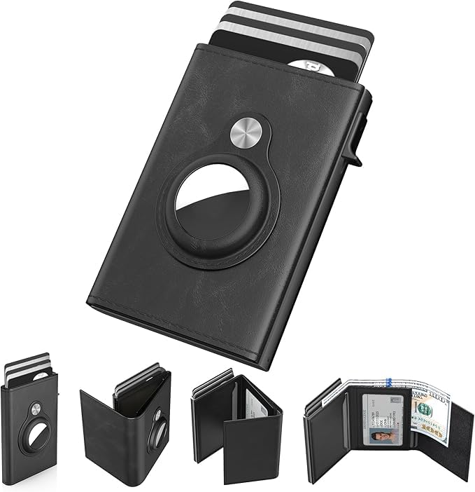 Stache's Mens Black Air Tag Leather Slim Tri Fold with Card Holder