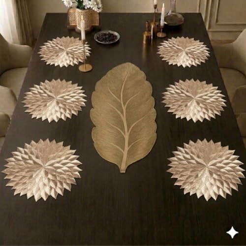 Image of Dakshya Industries Dining Table Mats Round PVC Set | 6 Waterproof Placemats (38 x 38 cm) + 1 Table Runner (91 x 33 cm) | Heat Resistant, Kitchen Decor (Decorza)