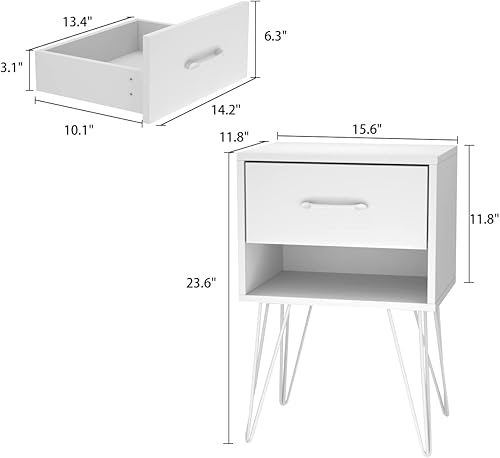 Miniatura 2 de AIEGLE Juego de 2 mesitas de noche negras, juego de mesa auxiliar de madera con cajón y estante, mesa auxiliar de cama con patas de metal dorado 1