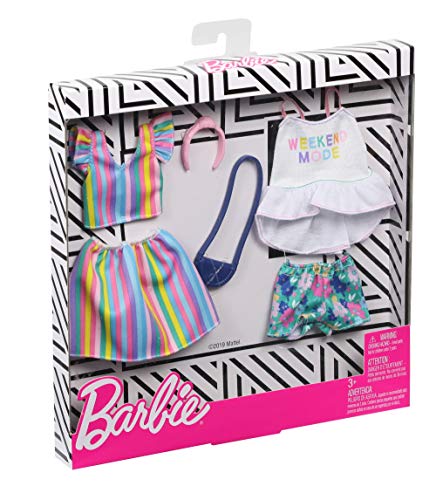 Barbie Clothes -2 Outfits For Barbie Doll Include A Top With ‘Weekend Mode’ Graphic, Floral Shorts And A Striped Top And Skirt With Purse And Headband, Gift For 3 To 8 Year Olds #TOP4