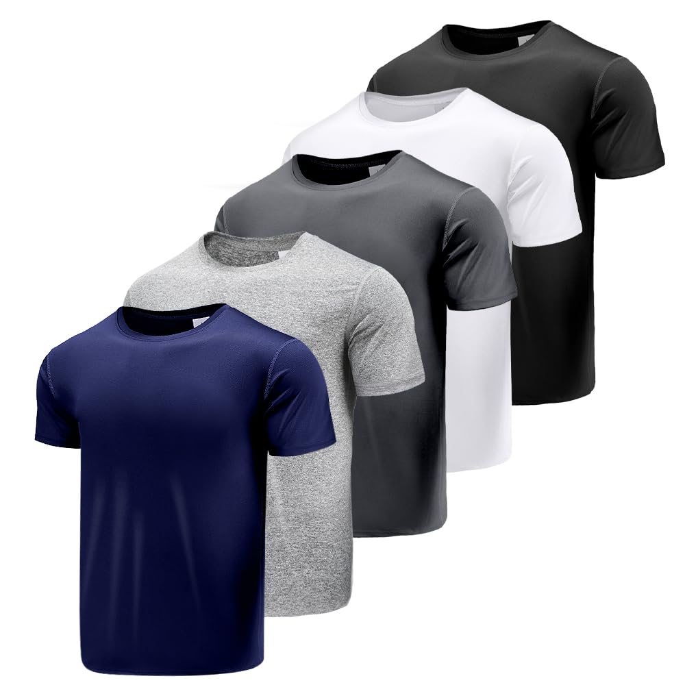 WOTOW Camisetas Deportivas para Hombre, Paquete de 5/3 - Playeras Deportivas Manga Corta Secado Rápido y Protección Solar UPF 50+, Cuello Redondo para Correr Gimnasio Entrenamiento Pesca Senderismo
