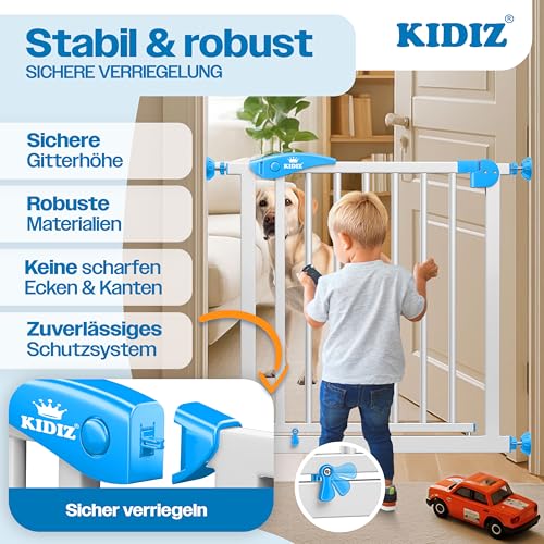 KIDIZ Treppenschutzgitter ohne Bohren | Verstellbare Breite: 88-94 cm, 75 cm hoch, Türschutzgitter und Absperrgitter für Kinder und Hunde, Beidseitige Einhand Öffnung, 90° Open-Stop System, Weiß/Blau