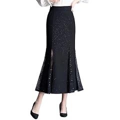Womens A-Line Mid-Calf Skirt with Bright Silk Embellishments and A Fishtail Hem in A Slim Fit Pull-On Design