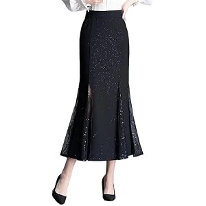 Womens A-Line Mid-Calf Skirt with Bright Silk Embellishments and A Fishtail Hem in A Slim Fit Pull-On Design