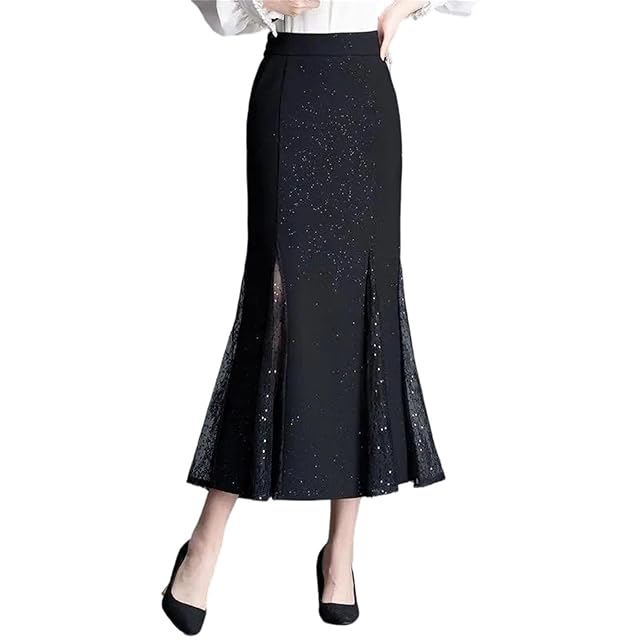 Womens A-Line Mid-Calf Skirt with Bright Silk Embellishments and A Fishtail Hem in A Slim Fit Pull-On Design
