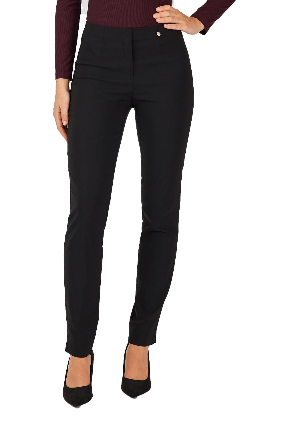 Robell Style Marie Women's High Waist Fabric Trousers Power Stretch Bengaline Fabric Trousers with Slit at The Hem, Please Order One Size Smaller Black