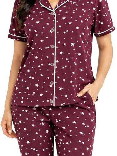 Image of Kuchipoo Women's 100% Cotton Nightwear Pajama Set | Printed Half Sleeve Button-Down Top & Full Length Pyjama | Soft Comfortable Sleepwear